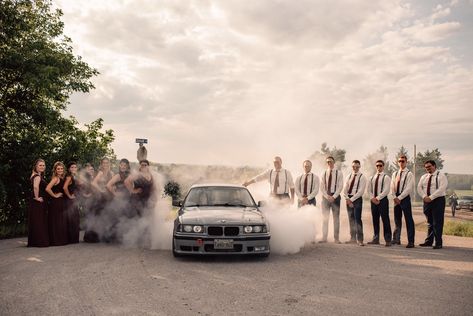 Racing Theme Wedding Ideas, Wedding Burnout Photos, Car Meet Wedding, Car Enthusiast Wedding, Car Themed Wedding Decoration, Mechanic Engagement Pictures, Wedding Ideas For Car Lovers, Wedding Car Theme, Car Theme Wedding Ideas