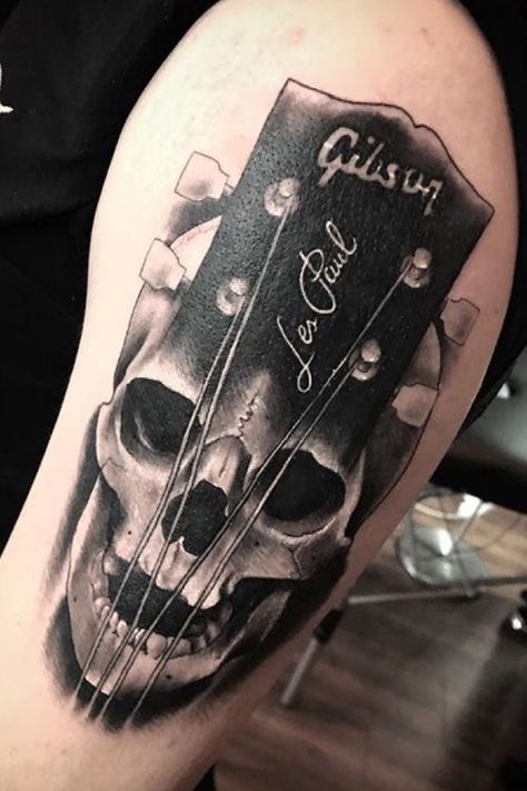 Guitar And Skull Tattoo, Mens Guitar Tattoo, Guitar Skull Tattoo, Musician Tattoo Ideas Men, Gibson Les Paul Tattoo, Tattoos For Cover Up, Punk Rock Tattoo Ideas, Gutair Tattoos Ideas, Dsbm Wallpaper