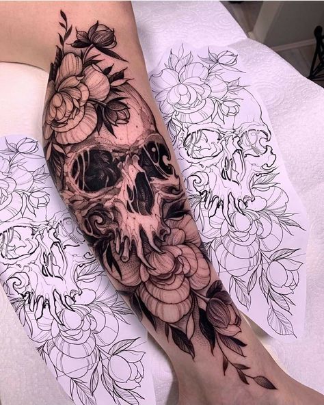 Floral Skull Tattoos, Feminine Skull Tattoos, Stomach Tattoos Women, Line Tattoo Ideas, Skull Girl Tattoo, Skull And Flowers, Peony Tattoo, Skull Sleeve Tattoos, Guitar Tattoo