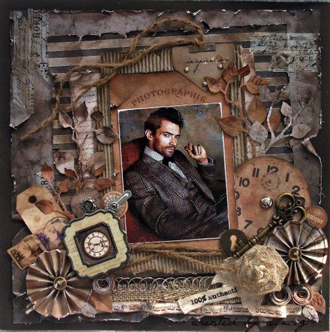 UNIQUE Steampunk Scrapbook, Masculine Scrapbook, Heritage Scrapbook Pages, Genealogy Scrapbooking, Family Layout, Finnabair Art, Scrapbook Vintage, Scrapbooking Vintage, Beautiful Scrapbook Layouts