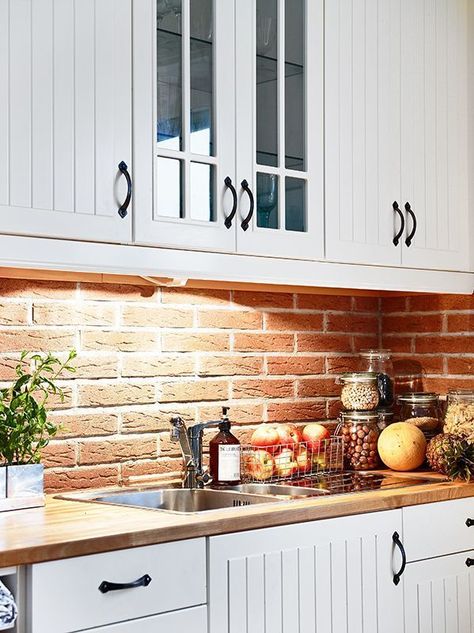 creamy white cabinets with red brick back splash | raw brick ... Brick Kitchen Ideas, Exposed Brick Kitchen, Brick Wall Kitchen, Beadboard Kitchen, Classy Kitchen, Brick Kitchen, Herringbone Backsplash, Brick Backsplash, Kitchen Walls