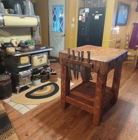 Old Butcher Block Island, Home Butcher Shop Ideas, Antique Butcher Block Island, Chopping Block Island, Diy Butcher Block Island, Butcher Room, Antique Butcher Block, Butcher Block Ideas, Wood Cook Stove