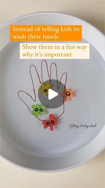 Arwa Saif | my_busy_kid on Instagram: "Teach kids in a fun way that why washing hands is so important How to do it - 🦠In a try trace hand with a permanent marker , you can erase this later using nail polish remover 🦠fill this tray with water 🦠add in foam germs to it 🦠use q tip and dip it in water to see what happens with and without soap 🧼 SAVE and SHARE it with your friends and family #earlychildhoodeducation #montessoriathome" Cleanliness Activities For Preschoolers, Hand Wash Activity For Kids, Hand Washing Activities Preschool, Preschool Handwashing Activities, Global Handwashing Day Activities, Handwashing Activities For Kids, Health And Nutrition Activities For Kids, Hand Washing For Preschoolers, Hand Washing Activity