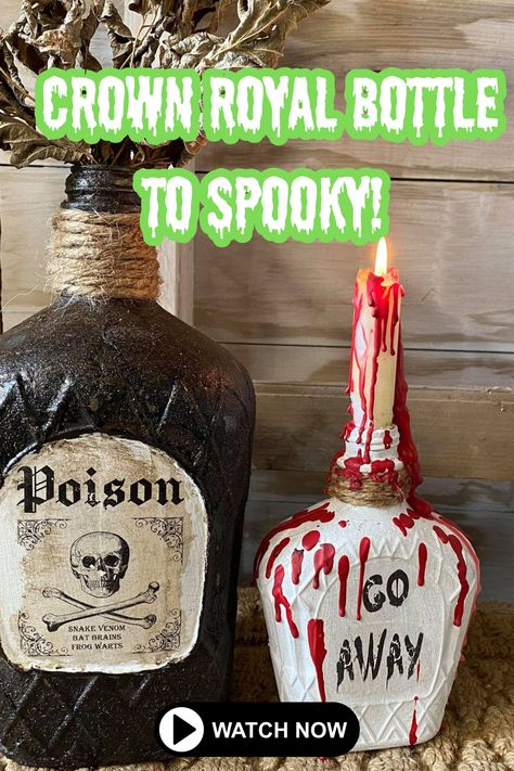 Looking for unique Halloween decor ideas? Look no further! This pin features a DIY tutorial on transforming Crown Royal bottles into spooky Halloween decorations. Click for the video & unleash your inner upcycling artist! #crownroyalupcycle #halloweendecor #diycrafts Crown Royal Pumpkin Bottle, Crown Royal Diy, Crown Royal Crafts, Bottle Upcycle, Painting Bottles, Upcycle Bottles, Crown Royal Bottle, Halloween Crown, Crown Bottle