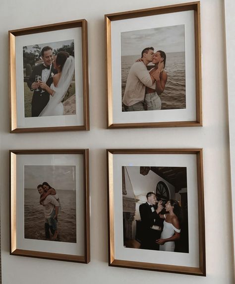 Photo Frame Placement, Wedding Photo Frames Wall, Family Portrait Hanging Ideas, Home Photo Decor, Framed Couples Photos, Ideas For A Picture Wall, Displaying Engagement Photos In Home, Photo Wall 4 Frames, Bedroom Decor Wedding Photos