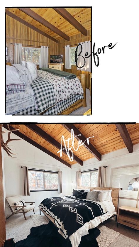 Our cabin is a space for my family to create life-long memories. But it’s still a work in progress! See how I decorated it over the holidays! #homedecor #cabinlife #bigbear #cabindecor #homedesign #interiordesign #arhaus Master Bedrooms Decor Cabin, Cabin Master Bedrooms Cozy, Cabin Master Bed, Ski Cabin Bedroom, Modern Cabin Decorating Ideas, Ski Condo Decor Interior Design, Utah Airbnb, Ski House Bedroom, Ski Cabin Interior