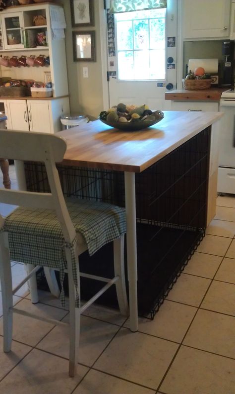 Kitchen island dog crate. I built it! Dog Cage Kitchen Island, Dog Crate Kitchen Table, Dog Kennel Kitchen Table, Dog Kennel Kitchen Island, Dog Crate Island, Dog Crate Kitchen Island, Kitchen Island Dog Kennel, Kitchen Island Dog, Dog Crate Kitchen