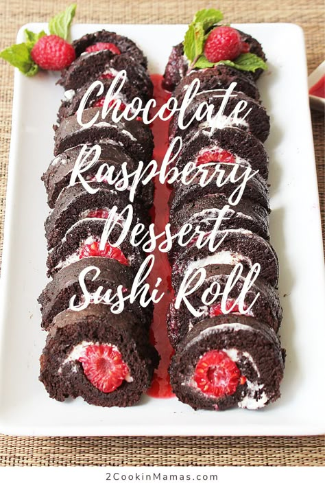 A sweet, chocolaty dessert that looks like a sushi roll! An easy to make, light as air, chocolate cake is rolled around a creamy cheesecake filling then stuffed with delicious raspberries. This Chocolate Raspberry Dessert Sushi Roll is the perfect dessert for Valentine's Day or delicious fun for a party. #dessert #chocolatecake #chocolatecakeroll #cheesecake #raspberries #recipe #valentinesday #partyfood #dessertsushi #2CookinMamas Sushi Cake Roll, Cake Sushi Rolls, Fruit Sushi Rolls Recipes, Strawberry Sushi Roll Recipe, Strawberry Cheesecake Sushi Roll, Dessert Sushi Recipes, Strawberry Shortcake Sushi Roll, Dessert Sushi Rolls, Rolled Desserts