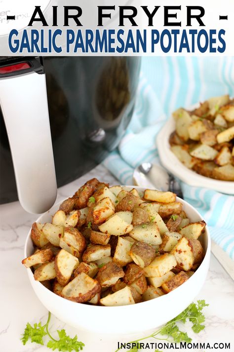 Air Fryer Garlic Parmesan Potatoes - Inspirational Momma Air Fryer Garlic, Garlic Parmesan Potatoes, Parmesan Cheese Potatoes, 2024 Family, Parmesan Potatoes, Garlic Potatoes, Air Fry Recipes, Cubed Potatoes, Basic Kitchen