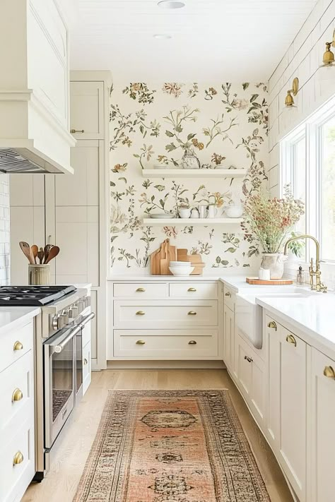 Using Floral Patterns in Your Cottagecore Kitchen - Kitchen Informant Cottagegore Aesthetic, Wallpaper Kitchen Ideas, Floral Wallpaper Kitchen, Wallpaper Backsplash Kitchen, Pantry Wallpaper, Flint Rock, House Palette, House Renovation Design, Cozy Cottage Kitchen