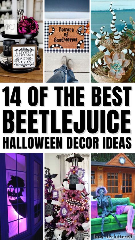 14 of The Best Beetlejuice Halloween Decor Ideas Beetle Juice Wedding Scene, Corner House Halloween Decorations, Bettlejuice Outdoor Decoration, Beetlejuice Table Centerpiece, Movie Themed Halloween Decor, Beetlejuice Decor Home, Beetlejuice Skeleton Display, Beetlejuice House Decorations, Beetle Juice Themed Halloween Party