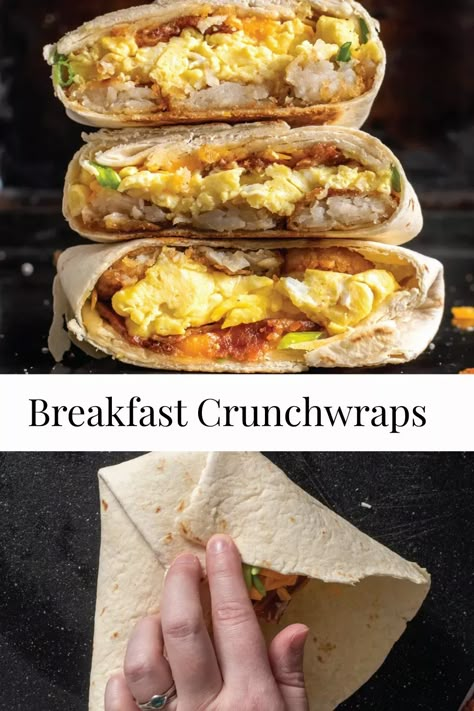 This Breakfast Crunchwrap is a delicious way to start the day. Loaded with cheese, eggs, bacon and tater rounds, how could it get more delicious? These are a great meal or snack on hand. #BreakfastIdeas #BreakfastRecipe #EasyRecipe #SnackIdea #BrunchRecipe Big Breakfast Recipes, Blackstone Breakfast Tacos, Breakfast Handpies, Simple Savory Breakfast Ideas, Copycat Breakfast Recipes, Breakfast Crunchwrap Recipe, Breakfast Crunch Wrap, Breakfast Empanadas, Breakfast Wraps Recipes