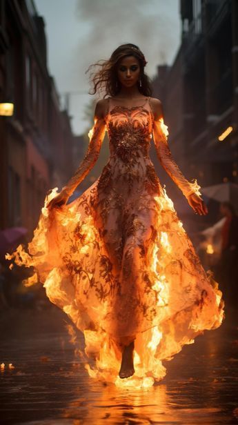 Woman In Flames Art, Fire Inspired Dress, Dress On Fire, Fashion Inspired By Nature, Woman On Fire, Fierce Aesthetic, Strength Art, Flame Dress, Fire Woman