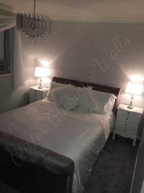 Small Scandinavian Bedroom, Glitter Wallpaper Bedroom, Wallpaper Bedroom Ideas, Glitter Bedroom, Bedroom Design Diy, Silver Bedroom, Feature Wall Bedroom, Bedroom Decoration Ideas, New Bedroom Ideas