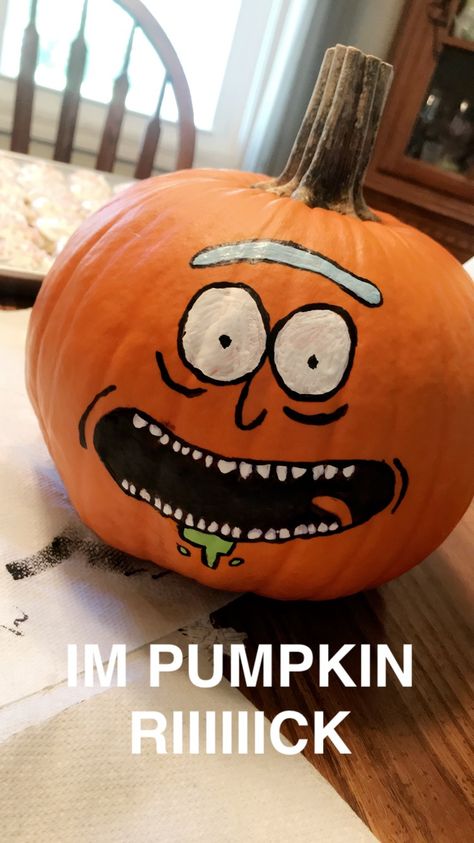 Pumpkin Painting! Rick and Morty. pickle rick...I’m pumpkin rick! Pumpkin Painting Ideas Rick And Morty, Painting Pumpkins Easy Ideas, Weird Pumpkin Painting Ideas, Guy Pumpkin Painting Ideas, Rick And Morty Pumpkin Painting, Morty Pumpkin Painting, Adventure Time Pumpkin Painting, Squishmallow Pumpkin Painting, Spooky Pumpkin Painting Ideas Scream