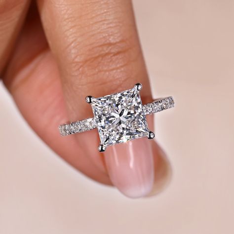 1 to 5ct Princess Cut Diamond Engagement Ring with Micro Pave - IGI Certified Lab Grown Diamonds Ring - Anniversary Gifts - Handmade Jewelry - Princess Engagement Ring - Big Diamond Ring - Ring for Women - Unique Wedding Ring - Square Diamond Ring - Four Prong Setting - Labor Day Sale 📌Note: The listed ring was made with a 3ct princess center, where you can choose a 1ct to 5ct princess diamond. ● 𝗗𝗶𝗮𝗺𝗼𝗻𝗱 𝗗𝗲𝘁𝗮𝗶𝗹𝘀 ↦ Type: Lab Grown Diamond ↦ Shape: Princess Cut ↦ Color: E-F ↦ Clarit Square Shaped Diamond Rings, Princess Engagement Rings With Band, Princess Cut Engagement Ring Silver, Princess Cut Rings Engagement, Engagement Rings Square Princess, Lab Grown Engagement Rings, Square Diamond Engagement Rings, Princess Engagement Rings, Square Engagement Ring