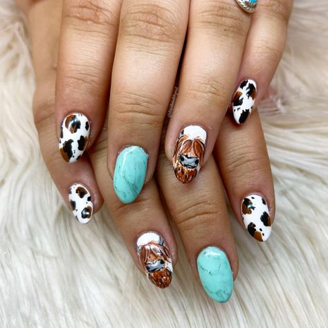 Country Theme Acrylic Nails, Cute Short Cow Print Nails, Simple Cow Nail Designs, Country Nail Art Designs, Nail Designs Cowgirl, Cowboy Print Nails, Cow Hide Nail Designs, Long Horn Nail Design, Nail Art Designs Cow Print