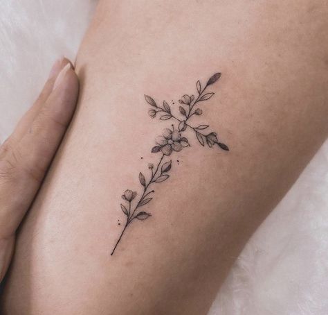 Wrist Tattoos With Words, Cross Made Out Of Flowers Tattoo, Everything Happens For A Reason Tattoo Flowers, Dainty Cross With Flowers Tattoo, Danty Tattoos Women Wrist, Cross Made Of Roses Tattoo, Cross Of Flowers, Cross On Ribs Tattoo For Women, Christian Vine Tattoos For Women