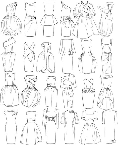 1950s Fashion Design Sketches, Drawings Of Outfits Sketch, Designer Dresses Drawing Sketch, Clothing Sketches Dresses, How To Draw Fashion Figures, Drawing Clothes Outfits Sketch, Sketching Clothes, Dress Drawing Reference, Fashion Illustrations Techniques