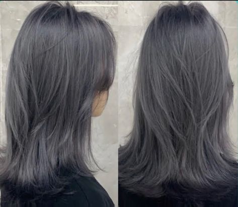 Ashy Blue Highlights, Korean Gray Hair, Blueish Grey Hair, Asian Silver Hair, Dark Gray Blue Hair, Deep Ash Grey Hair, Silver Underneath Hair, Grey Wolf Cut, Pigeon Hair Dye