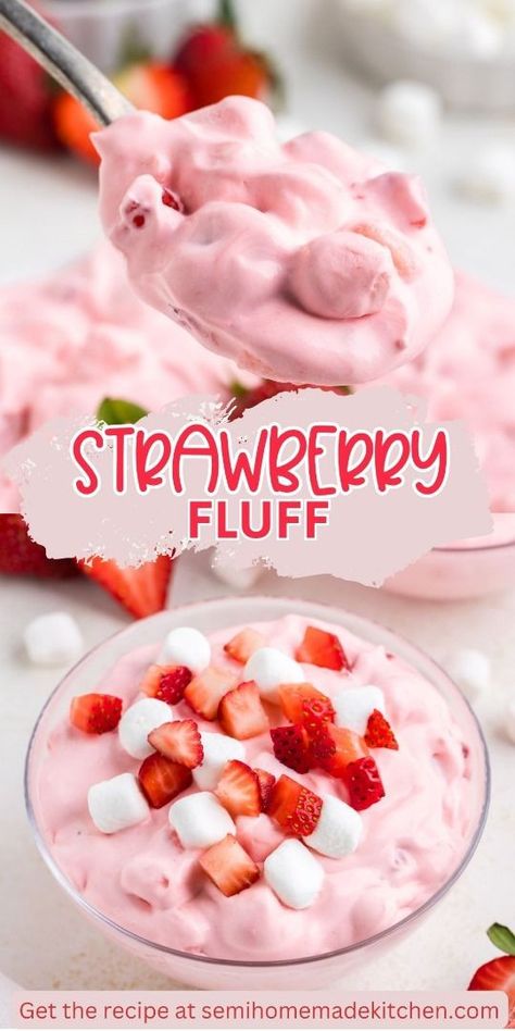 Make a crowd-pleasing dessert with our strawberry fluff recipe! This no-bake dish combines fresh strawberries, strawberry pie filling, creamy vanilla pudding, marshmallows, and cool whip for a refreshing and tasty treat that's perfect for summer events. Strawberry Fluff Dessert, Strawberry Marshmallow Fluff, Vanilla Pudding Desserts, Fluff Recipes, Fluff Salads, Shortcake Recipes, Heavy Cream Recipes, Team Meal, Strawberry Fluff