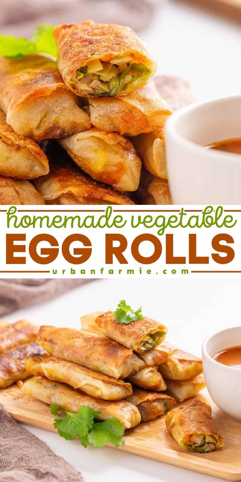 Whip up these crispy Homemade Vegetable Egg Rolls in just 20 minutes! Packed with cabbage, carrots, and mushrooms, these vegan egg rolls are pan-fried to golden perfection, making them a standout for best holiday appetizers, New Year’s Eve food ideas, or best game day appetizers! Easy Finger Food Ideas, Vegetarian Appetizer Recipes, Vegetarian Egg Rolls, Vegan Egg Rolls, Asian Sides, Vegetable Egg Rolls, Vegan Apps, Best Holiday Appetizers, Vegetarian Appetizer