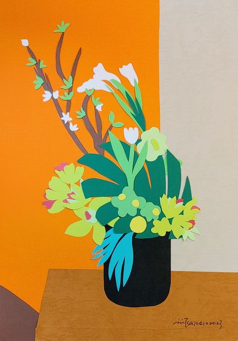 💐 Taiwanese artist Tsai NiChen focuses on the study of Matisse's later works. She uses colored paper collage techniques to develop her practice and teach cut-out techniques. “Floral Display” is one of her still life collages available on ARTMO. Join now to see more artworks like this: Flowers In Vase Drawing, Vase Drawing, Woodturning Art, Flowers In Vase, Collage Drawing, Collage Techniques, Abstract Expressionism Art, Floral Display, International Artist