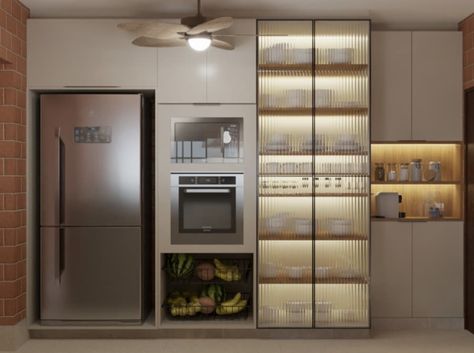 Crockery Unit Design With Refrigerator, Tall Units In Kitchen, Crockery Units, G Shaped Kitchen, Kitchen Crockery, Crockery Cabinet Design, Tall Unit, Fridge Design, Crockery Cabinet