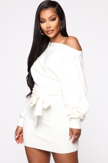 Pearls Are Everything Sweater Mini Dress - Ivory | @giftryapp Off Shoulder Sweater Dress, Ivory Sweater Dress, Fuzzy Skirt, Sweater Mini Dress, Dream Fashion, Dresses Fashion Nova, Doll Wardrobe, Ivory Sweater, Fashion Nova Models