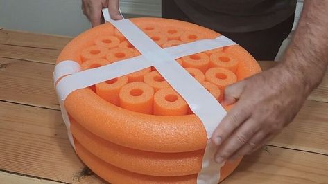 Get crafty with this fun DIY tutorial on constructing a sleek pool noodle ottoman! Explore innovative pool noodle hacks for stylish home accents. Projects With Pool Noodles, Diy Pool Noodle Furniture, Pool Noodle Headboard Diy, Diy Outdoor Ottoman, Pool Noodle Ottoman Diy, Pool Noodle Furniture, Pool Noodle Ottoman, Pool Noodle Decorations, Outdoor Upcycle