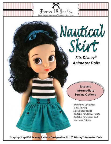 Nautical Skirt for Disney Animator Dolls Disney Princess Toddler Dolls, Animators Disney, Pixie Faire Patterns, Nautical Skirt, Disney Animator Doll, Disney Animators, Disney Animators Collection, Doll Clothes Pattern, Doll Clothes Patterns Free