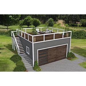 529 Square Foot 2-Car Detached Garage with Rooftop Deck at Architectural Designs - Search Shopping Garage Deck Ideas, Garage Top Deck Flat Roof, Detached Garage With Rooftop Deck, Deck Over Garage Second Story, Shed With Rooftop Deck, Deck Above Garage, Garage With Rooftop Deck, House With Rooftop Deck, Deck Over Garage