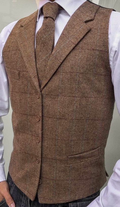 MENS WOOL BLEND BROWN CHECK LAPEL TAILORED FIT TWEED WAISTCOAT VEST Brown Waistcoat Men Outfit, Tailored Wool Vest In Brown, Tailored Brown Tweed Vest, Brown Vest Outfit, Tweed Wedding, Vest Outfits Men, Luxury Brown Menswear-inspired Tweed Jacket, Wedding Vest, Tweed Men