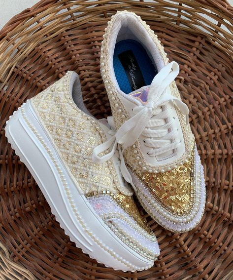 Diy Bridal Shoes Sneakers, Bridal Sneakers Diy, Diy Wedding Shoes Sneakers, Sneaker Bride, Reception Sneakers, Haldi Photography Ideas, Haldi Photography, Lehenga Color Combinations, Latest Mehndi Designs Wedding