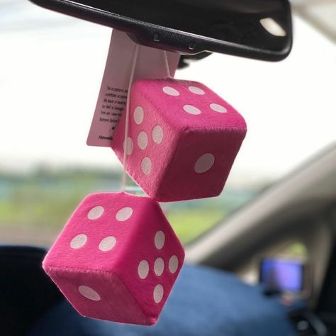 Fuzzy Car Dice, Pink Fuzzy Dice Car, Car Dice Aesthetic, Fuzzy Dice For Car, Wally Clark, Aesthetic Arcade, Lisa Frank Party, Car Dice, School Spirits