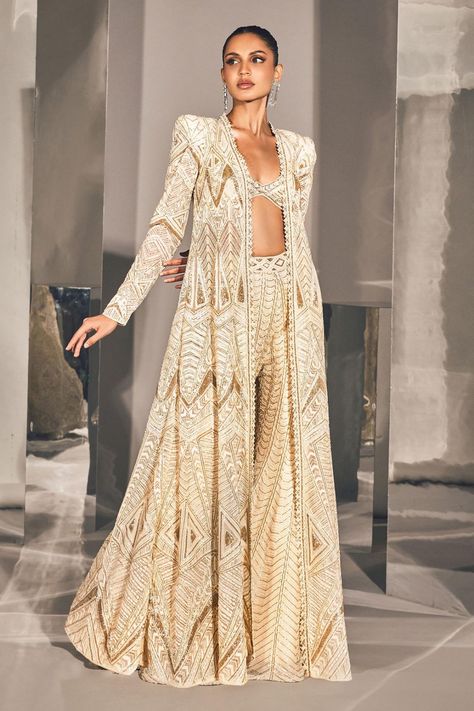 Ivory Net Crystal Geometric Cutwork Crystal Embellished Scallop Jacket Sharara Set Jacket Sharara, Ritika Mirchandani, Golden Jacket, Flared Sharara, Golden Lehenga, Pleated Saree, Sharara Pants, Sangeet Outfit, Gold Jacket