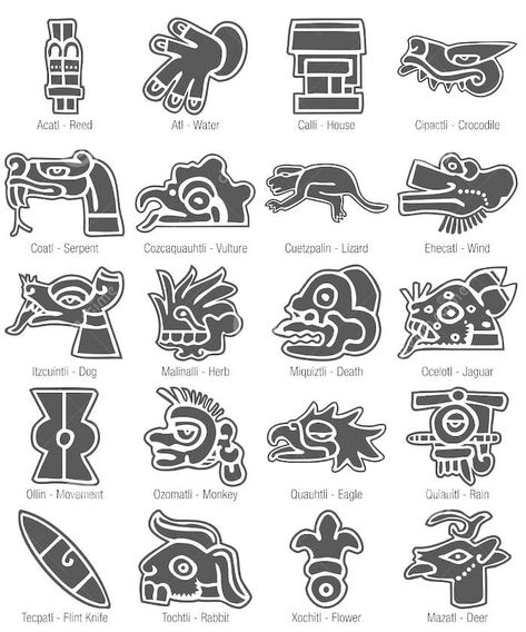 Aztec Hyroglyphs, Aztec Tattoo Designs Mayan Symbols, Simple Aztec Tattoo, Aztec Symbols And Meanings, Small Aztec Tattoo, Aztec Glyphs, Mayan Totem, Mexican Symbols, Aztec Artwork