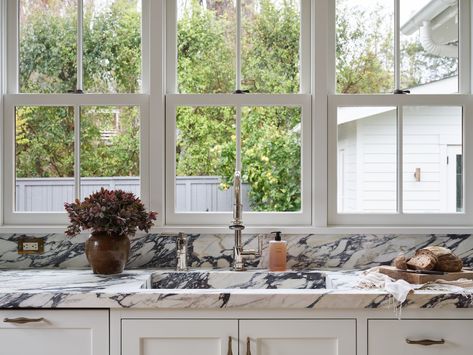 Jessica Burke Photography Window Behind Kitchen Sink, Frame Around Window, Floating Marble Sink, Farmhouse Eclectic, Unique Bathroom Faucets, Waterworks Bathroom, Custom Couches, Apron Front Sink, Marble Sink