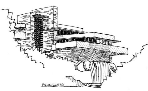 Drawing of Fallingwater Falling Water Sketch, Falling Water Architecture, Frank Loyd Wright Houses, Model Concept, Falling Water House, Waterfall House, House Minimal, Architecture Drawing Plan, Architecture Sketchbook