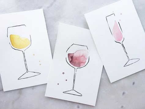 Watercolor wine trio Diy Card Watercolor, Watercolor Wine Glass Painting, Paint With Wine, Wine Glass Watercolor, Wine Drawing, Wine Watercolor, Diy Watercolor Cards, Watercolor Christmas Cards Diy, Wine Birthday Cards