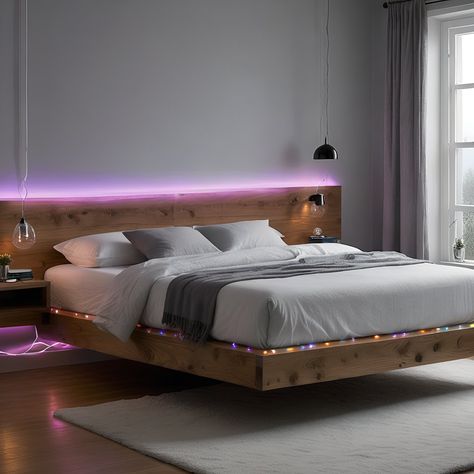 Rustic Levitate Bed Levitating Bed, Bed Lighting, Floating Bed Frame, Floating Bed, Led Color Changing Lights, Wooden Headboard, Wood Bed Frame, Bed Lights, Bedside Lighting