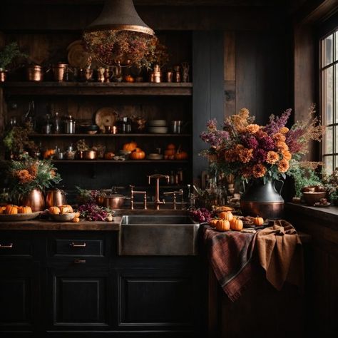 Farmhouse Fab, Fall Interior Decor, Traditional Decorating, Fall Interior Design, Witchy Cottage, Moody Kitchen, Magical Autumn, Dark Cottage Core, Midcentury Interior