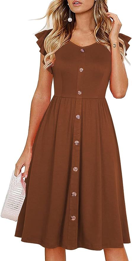 Lamilus Women's Casual Summer Ruffle Sleeve V-Neck Button Down A-Line Swing Party Dress at Amazon Women’s Clothing store Tips And Trick, Full Circle Skirts, Designer Dresses Indian, Matches Fashion, Party Wear Dresses, Teenage Fashion Outfits, Latest Outfits, Amazon Women, Mother Of The Bride Dresses