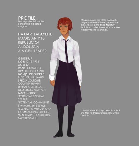 file on: Lafayette Hajjar, 1962 combat specs/reference for the protagonist! finally done...i probably should have done this first. anyway, enjoy this infographic abt cold war witch lady and how her... River Of Commerce, Star Crossed Lovers, Modern Fantasy, Conceptual Art, The Magicians, Witch, Tumblr