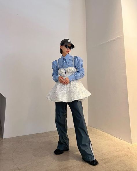 Dress Over Pants Korean, Dress With Pants Outfit, Blue Outfit Korean, Dress Over Pants Outfits, Dress And Pants Outfit, Dresses With Pants, Blue Dress Outfit, Blue Ootd, Dress With Pants