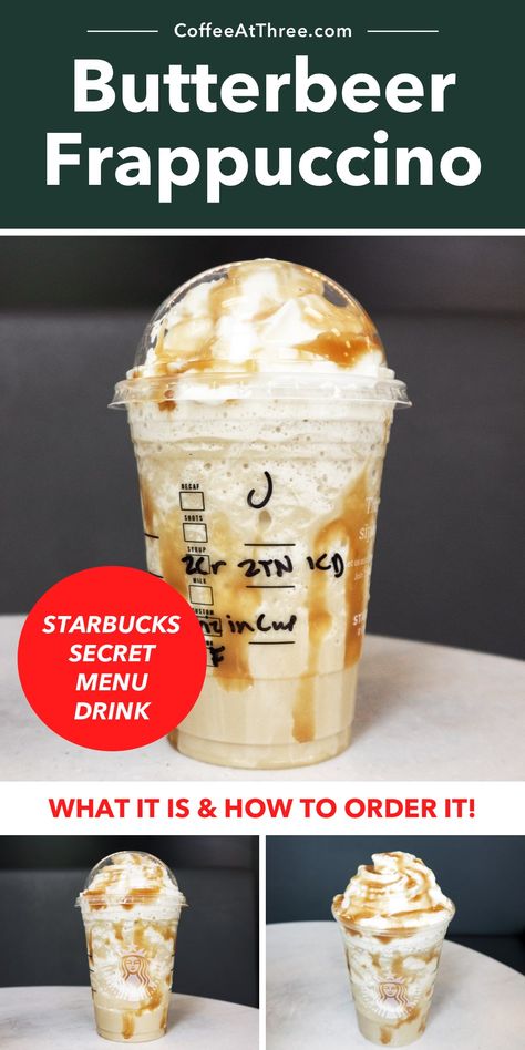 Starbucks Recipes Butterbeer, Starbucks Drinks Butterbeer, Butterbeer Starbucks Recipe, Frappuccino Starbucks Order, Starbucks Butterbeer Recipe, Starbucks Secret Menu Drinks Frappuccino, Starbucks Frozen Drinks, Starbucks Frappuccino Orders, Starbucks Drinks Frappuccino