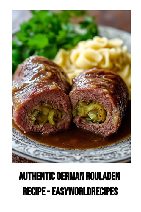 This traditional German Rouladen recipe is slow-simmered in a rich gravy until the meat is tender and infused with the flavors of the filling. German Rouladen, Beef Roulade, Rouladen Recipe, German Meat, Braised Red Cabbage, Bread Dumplings, Oktoberfest Food, Beef Roll, German Potato Salad