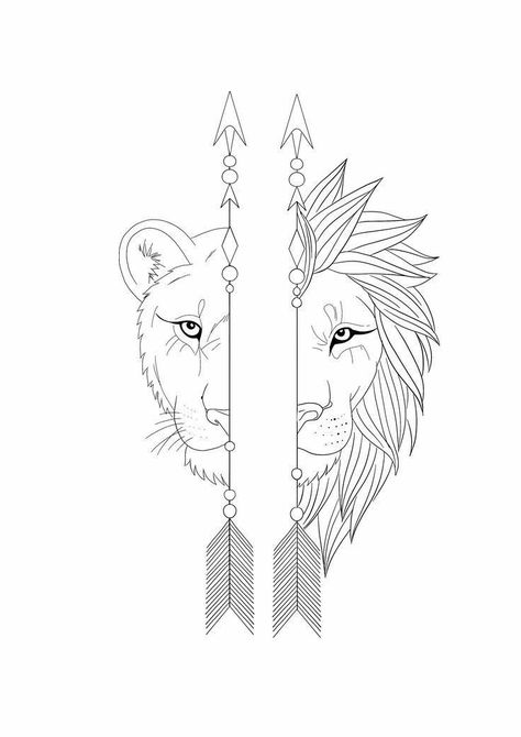 Lion Protecting His Queen Tattoo, Lion Arrow Tattoo Design, Arrow With Lion Tattoo, Lion Triangle Tattoo, Lioness Dreamcatcher Tattoo, Gates Of Heaven Tattoo, Heaven Tattoos, Tattoos