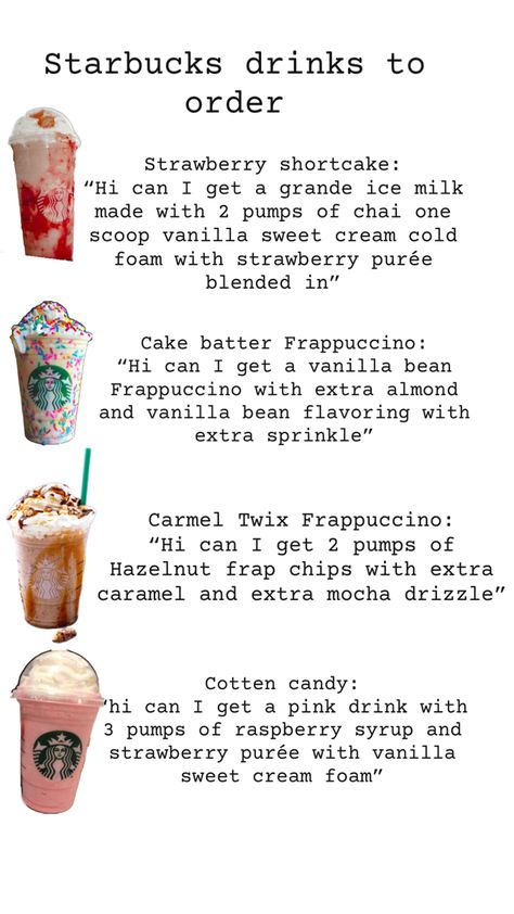 Custom Starbucks Drinks, Starbucks Drinks To Order, Starbucks Copycat Recipes Drinks, Starbucks Drink Orders, Starbucks Flavors, Starbies Drinks, Starbucks Drink Menu, Starbucks Drink Ideas, Starbucks Copycat Recipes