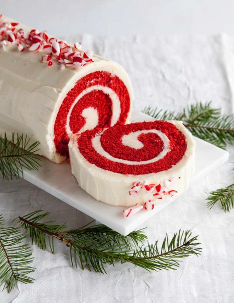 Recipe: Peppermint Red Velvet Cake Roll | Kitchn Christmas Cake Roll, Red Velvet Cake Roll, Easy Red Velvet Cake, Peppermint Buttercream, Favorite Christmas Desserts, Easy Red Velvet, Yule Log Cake, Coconut Dessert, Cake Roll Recipes